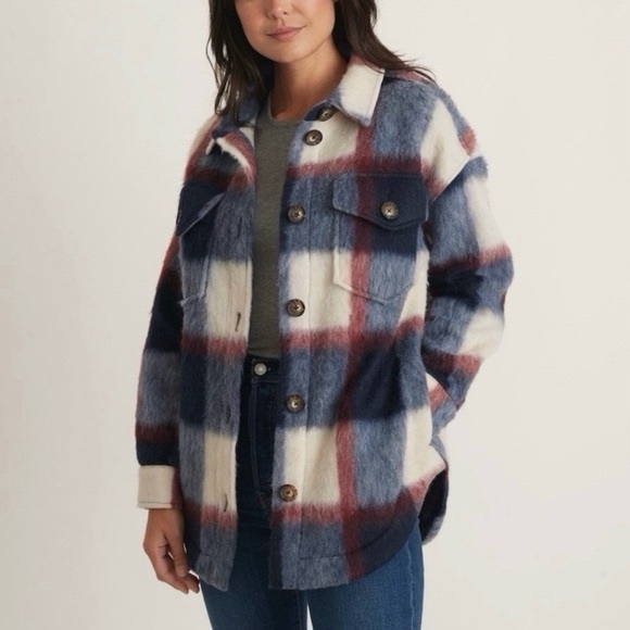 MARINE LAYER Cozy Plaid Shacket Jacket - Blue & Cream - Picture 2 of 7